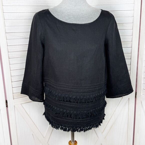 Anthropologie Meadow Rue Olathe Tiered Fringe Hem Linen Boxy Shirt Black Small - Picture 1 of 12